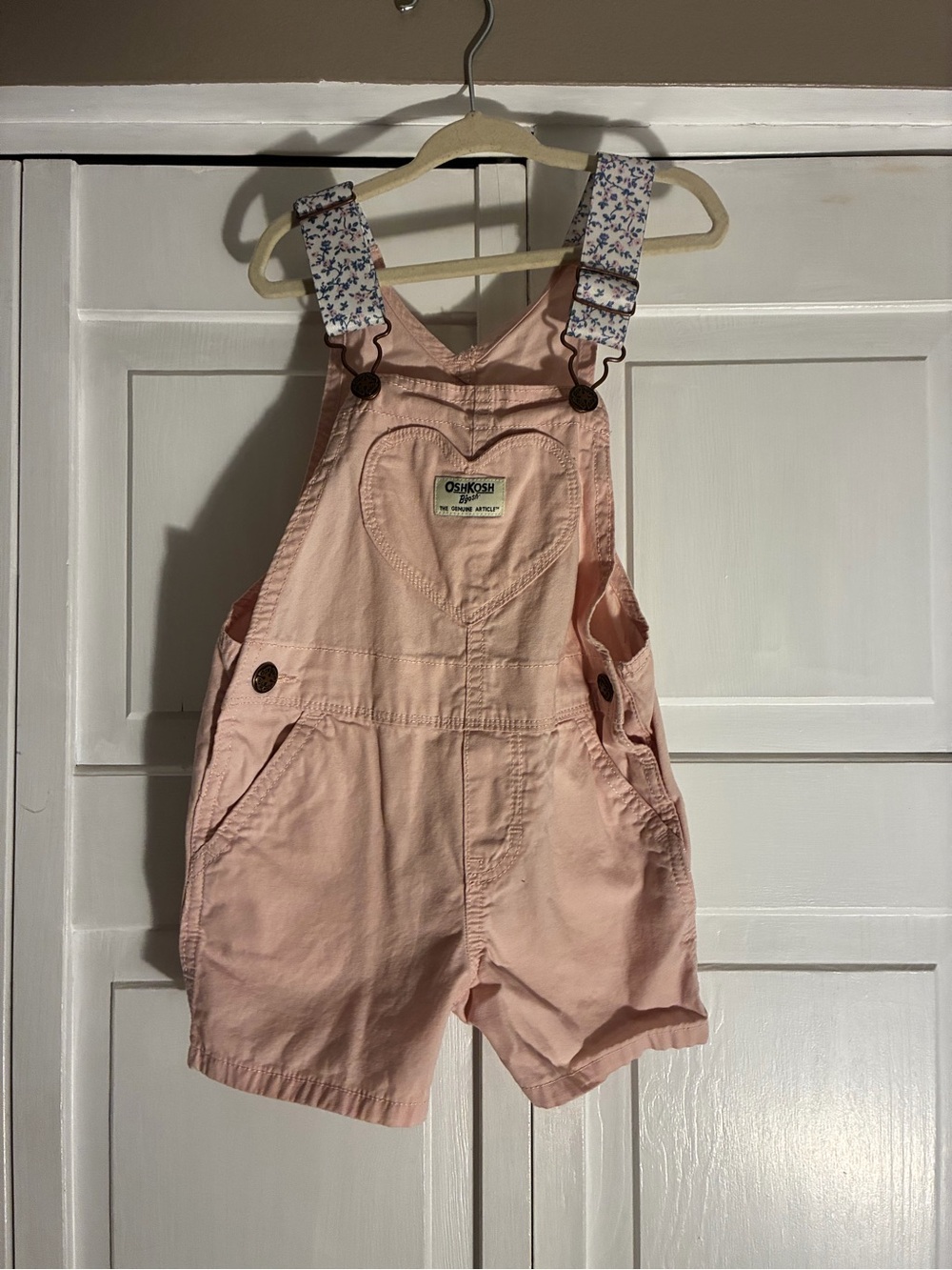 OshKosh B'gosh Light Pink Heart Pocket Short Overalls with Floral Straps